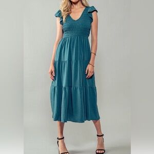 Teal Tiered Smocked Midi Dress